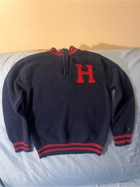 Tommy Hilfiger Navy Zip-Up Sweater with Red Trim and Chest H